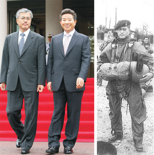 참여정부 시절 고 노무현 전 대통령(오른쪽)과 함께 걷고 있는 문재인 대통령(왼쪽사진). 특전사령부 제1공수 특전여단 군복무 시절의 문 대통령.